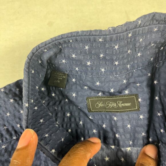 Saks Fifth Avenue Mens Seersucker Shirt Large Navy White Dotted Classic Preppy - Picture 4 of 10